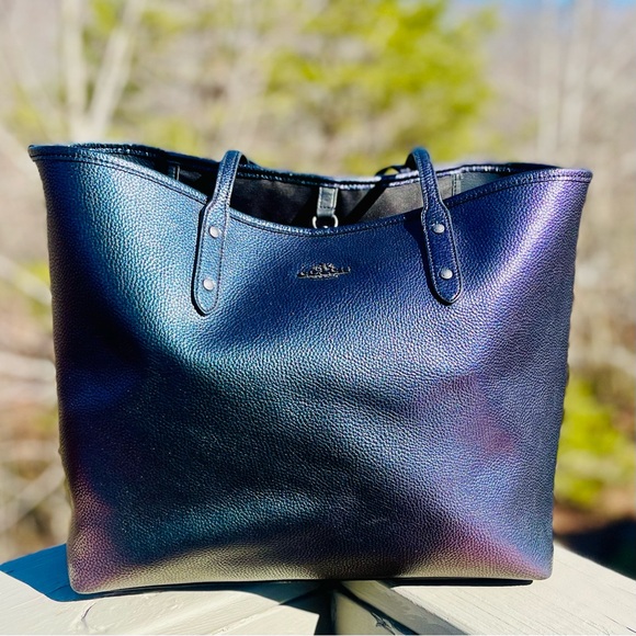 RARE COACH Hologram Metallic Petrol Large City Bag Tote Purple Green Teal Blue - Picture 5 of 16